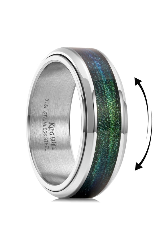 8mm Stainless Steel Blue Green Sand Inlay Fidget Spinner Wedding Band, Silver Plated Anxiety Stress Relief Rotatable Wedding Ring for Men Women, Comfort Fit, Size 10