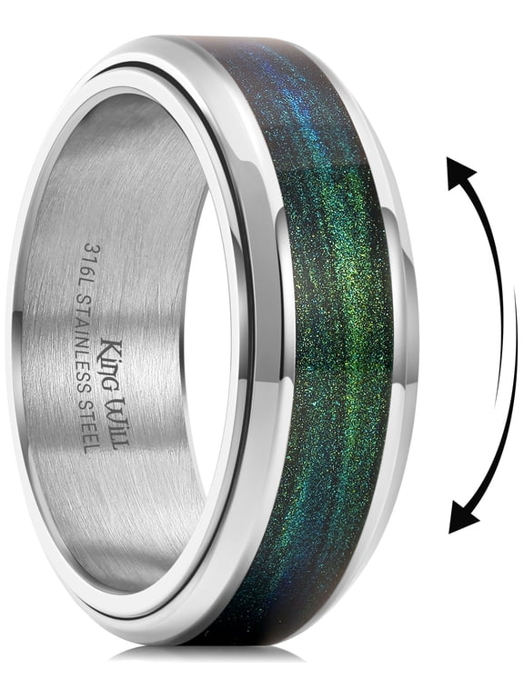 8mm Stainless Steel Blue Green Sand Inlay Fidget Spinner Wedding Band, Silver Plated Anxiety Stress Relief Rotatable Wedding Ring for Men Women, Comfort Fit, Size 9