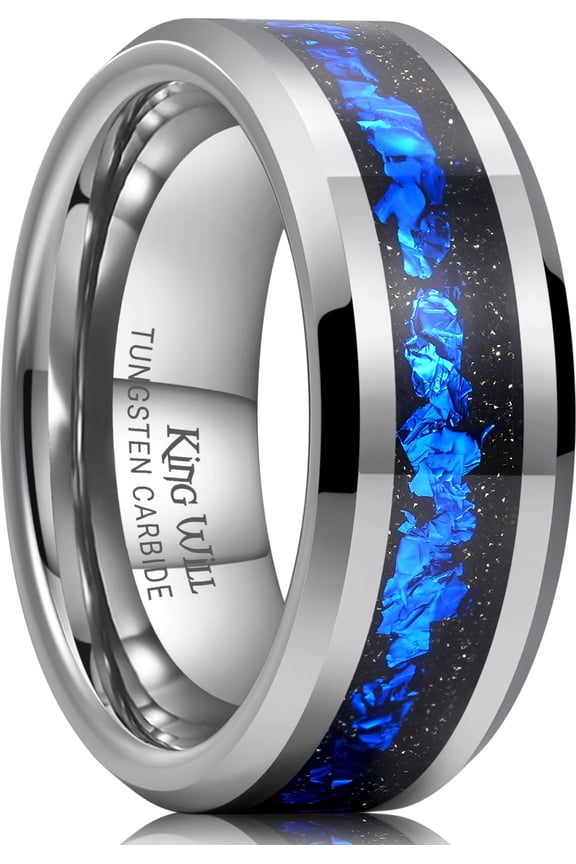 8mm Silver Tungsten Rings, Men's Wedding Rings Blue Foils Inlay Beveled Edge Ring for Men Women, Comfort Fit, Durable, Size 10