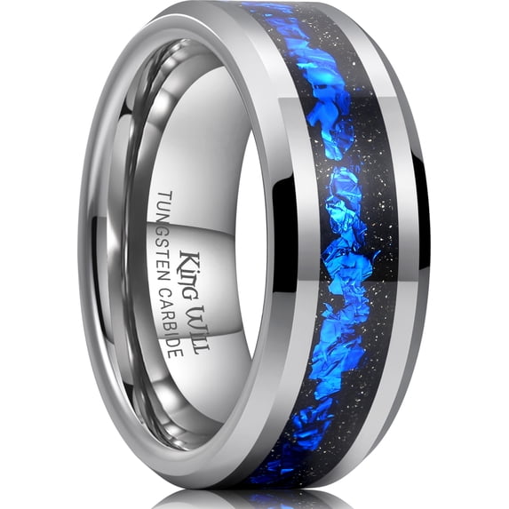 King Will 8mm Silver Tungsten Rings, Men's Wedding Rings Blue Foils Inlay Beveled Edge Ring for Men Women, Comfort Fit, Durable, Size 13