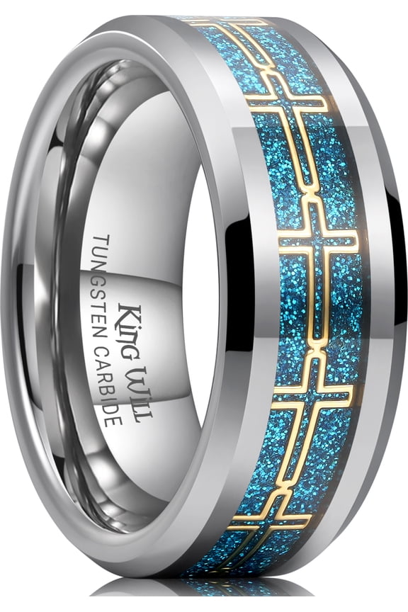 8mm Silver Tungsten Wedding Rings, Blue Sand Inlay Wedding Band with Gold Cross Design, Beveled Edge and Durable for Daily Wear, Comfort Fit, Size 10