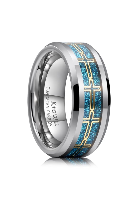 8mm Silver Tungsten Wedding Rings, Blue Sand Inlay Wedding Band with Gold Cross Design, Beveled Edge and Durable for Daily Wear, Comfort Fit, Size 8