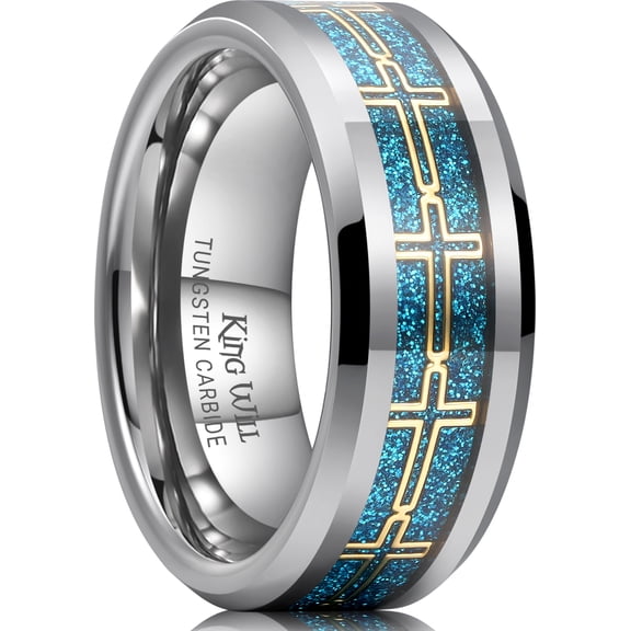 King Will 8mm Silver Tungsten Wedding Rings, Blue Sand Inlay Wedding Band with Gold Cross Design, Beveled Edge and Durable for Daily Wear, Comfort Fit, Size 8