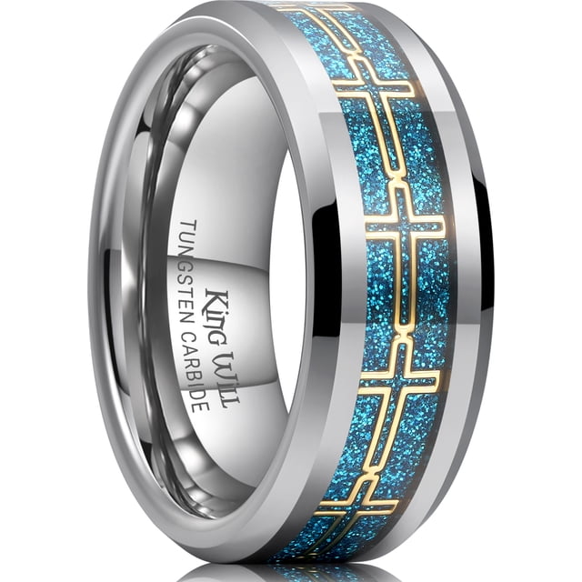 King Will 8mm Silver Tungsten Wedding Rings, Blue Sand Inlay Wedding ...