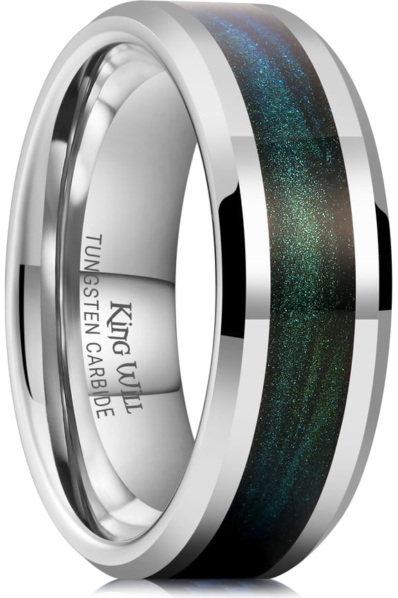 8mm Silver Tungsten Rings, Men's Wedding Rings Blue Green Sand Inlay Beveled Edge Ring for Men Women, Comfort Fit, Durable, Size 10