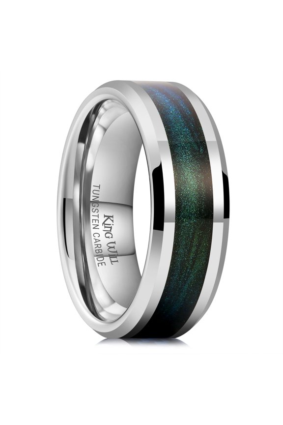 8mm Silver Tungsten Rings, Men's Wedding Rings Blue Green Sand Inlay Beveled Edge Ring for Men Women, Comfort Fit, Durable, Size 11