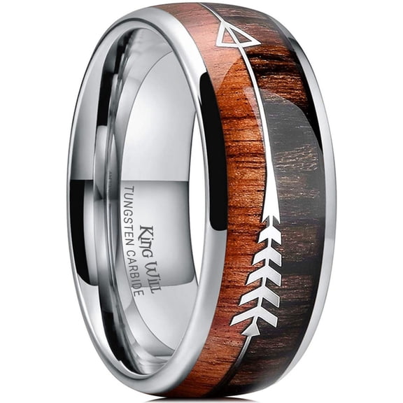 King Will 8mm Silver Tungsten Wedding Ring with Koa Wood Zebra Wood Two Arrows Inlay Dome Hunting Ring Wedding Band Engagement Ring Size 7