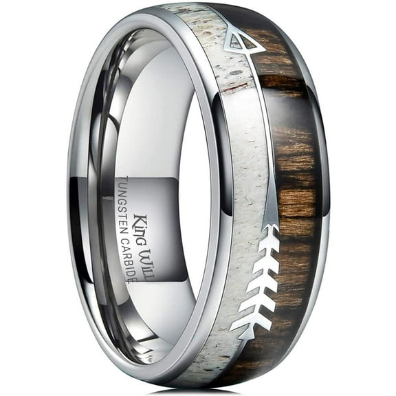 King Will 8mm Silver Tungsten Wedding Ring with Real Antler Zebra Wood Two Arrows Inlay Dome Hunting Ring Wedding Band Engagement Ring Size 10