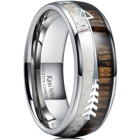 King Will 8mm Silver Tungsten Wedding Ring with Real Antler Zebra Wood Two Arrows Inlay Dome Hunting Ring Wedding Band Engagement Ring Size 11