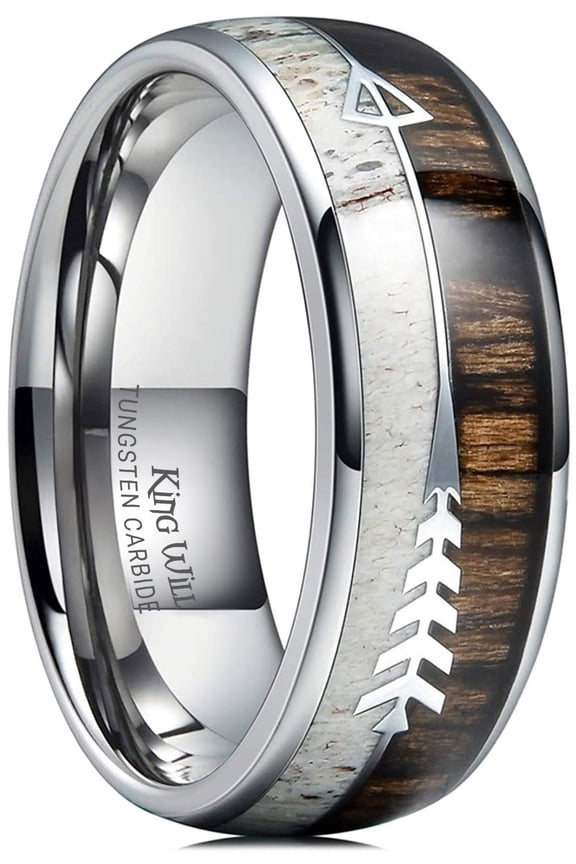 8mm Silver Tungsten Wedding Ring with Real Antler Zebra Wood Two Arrows Inlay Dome Hunting Ring Wedding Band Engagement Ring Size 9
