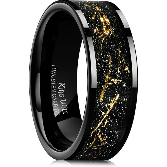 King Will 8mm Tungsten Carbide Ring for Men Black Wedding Band Sandstone Gold Foil Inlay High Polished Pipe Cut Edge Comfort Fit Size 10