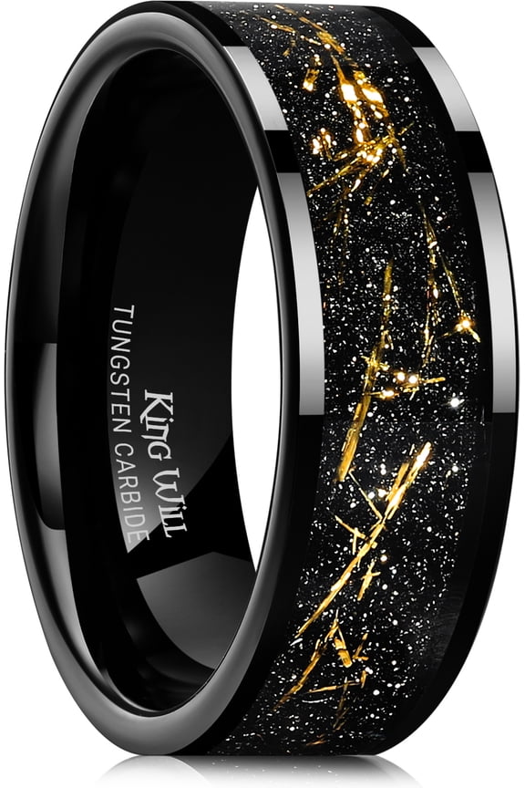 8mm Tungsten Carbide Ring for Men Black Wedding Band Sandstone Gold Foil Inlay High Polished Pipe Cut Edge Comfort Fit Size 10