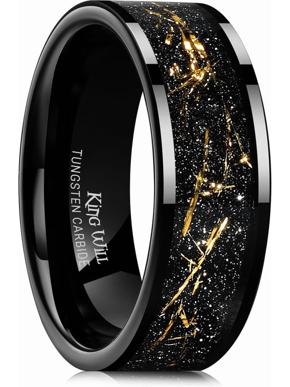 8mm Tungsten Carbide Ring for Men Black Wedding Band Sandstone Gold Foil Inlay High Polished Pipe Cut Edge Comfort Fit Size 10