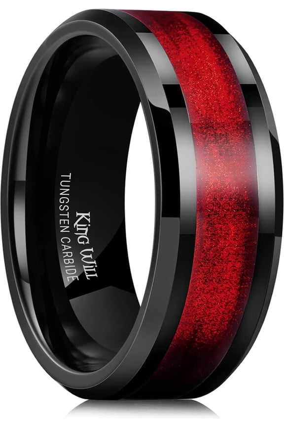 8mm Tungsten Carbide Wedding Band for Men - Black and Red Sand Inlay Men's Cool Unique Rings Polished Beveled Edge Comfort Fit for Everyday Wear, Size 8