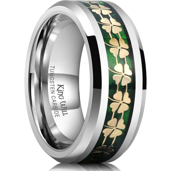 King Will 8mm Tungsten Wedding Band for Men Silver Ring Green Shell Plated Four Leaf Clover Inlay High Polish Beveled Edge Engagement Rings Comfort Fit, size 12