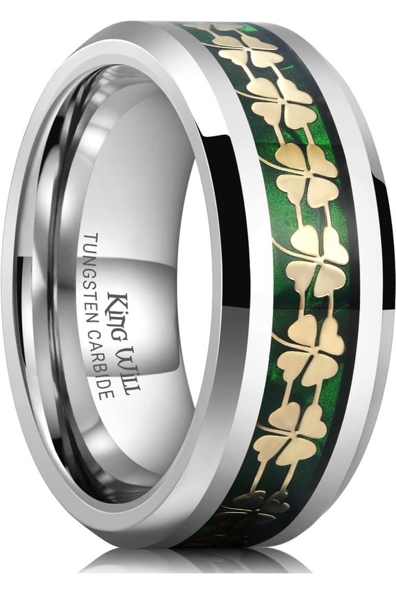 8mm Tungsten Wedding Band for Men Silver Ring Green Shell Plated Four Leaf Clover Inlay High Polish Beveled Edge Engagement Rings Comfort Fit, size 13