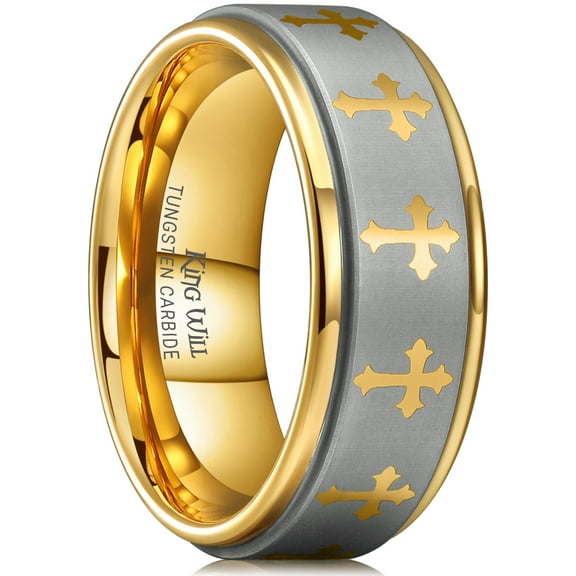 King Will 8mm Tungsten Wedding Band Ring for Men Women Lord's Prayer Cross Ring Silver and Gold Wedding Band Bible Engraved Rings High Polished Size 10