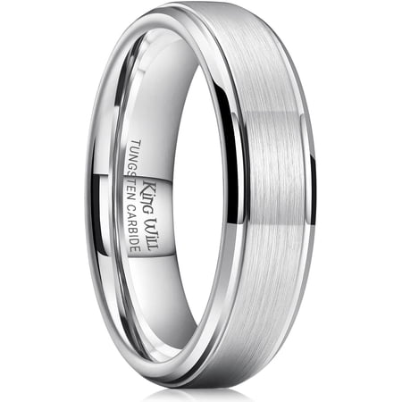 King Will BASIC 6mm Silver Tungsten Carbide Wedding Ring for Men Women Matte Brushed Finish Center Polished Step Edge Comfort Fit Size 10.5