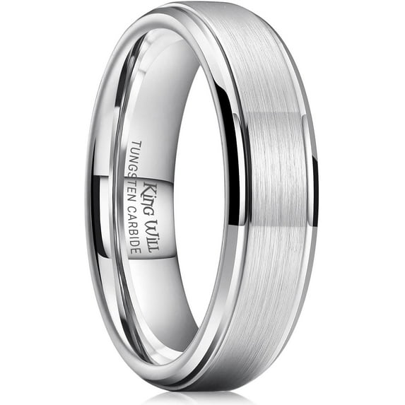 King Will BASIC 6mm Silver Tungsten Carbide Wedding Ring for Men Women Matte Brushed Finish Center Polished Step Edge Comfort Fit Size 14