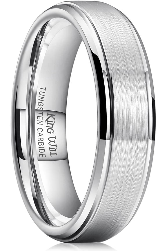 BASIC 6mm Silver Tungsten Carbide Wedding Ring for Men Women Matte Brushed Finish Center Polished Step Edge Comfort Fit Size 9