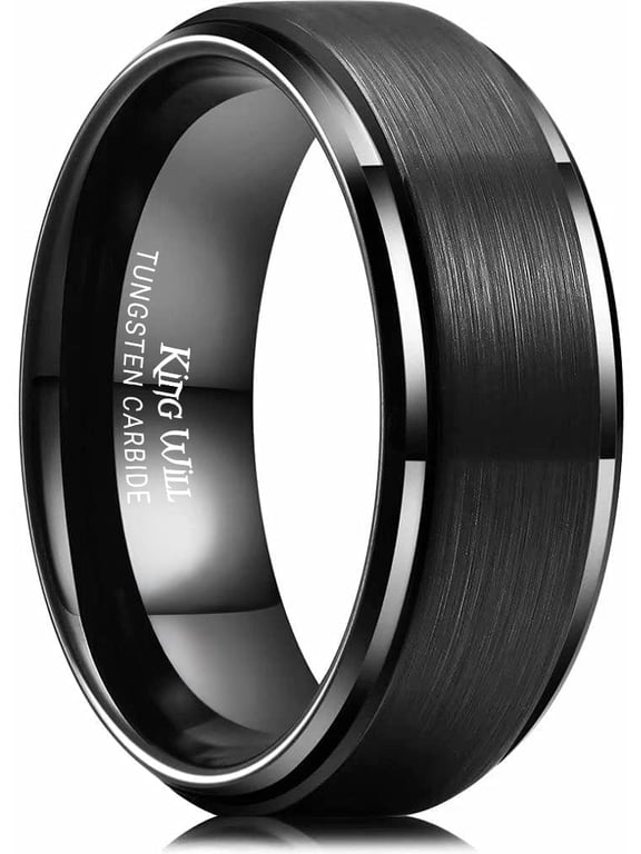 BASIC Men's Tungsten Carbide Ring 8mm Black Wedding Band Matte Brushed Finish Center Polished Step Edge Comfort Fit Size 13