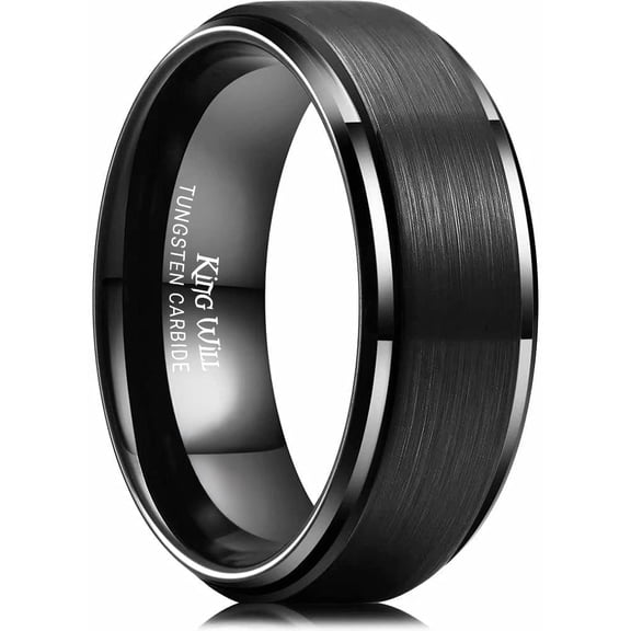 King Will BASIC Men's Tungsten Carbide Ring 8mm Black Wedding Band Matte Brushed Finish Center Polished Step Edge Comfort Fit Size 14