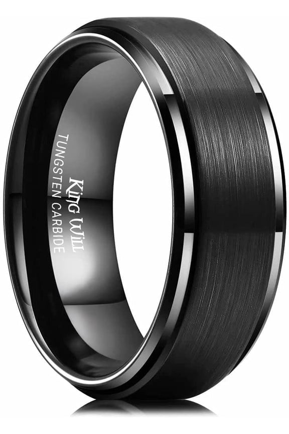 BASIC Men's Tungsten Carbide Ring 8mm Black Wedding Band Matte Brushed Finish Center Polished Step Edge Comfort Fit Size 7