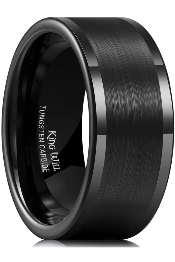 Basic Men's 10mm Brushed Tungsten Carbide Wedding Band Black Pipe Cut Ring Matte Finish Polished Edge Comfort Fit Size 12