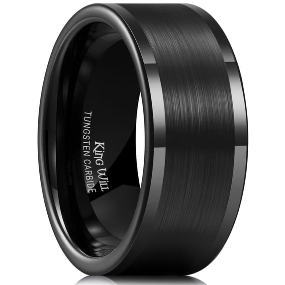 King Will Basic Men's 10mm Brushed Tungsten Carbide Wedding Band Black Pipe Cut Ring Matte Finish Polished Edge Comfort Fit Size 14