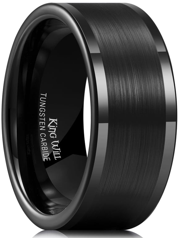 Basic Men's 10mm Brushed Tungsten Carbide Wedding Band Black Pipe Cut Ring Matte Finish Polished Edge Comfort Fit Size 8