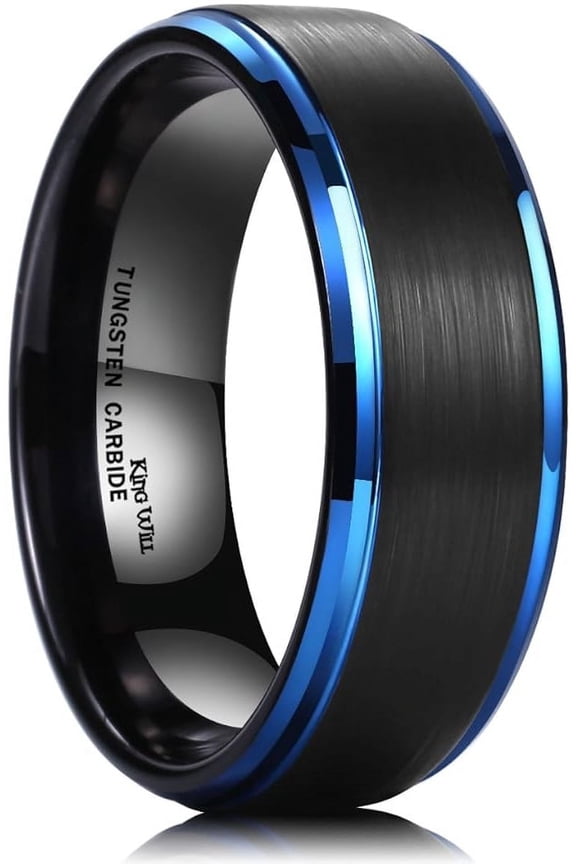 Basic 8mm Black Tungsten Ring for Men Matte Brushed Finish Center Blue Polished Step Edge Comfort Fit Size 10