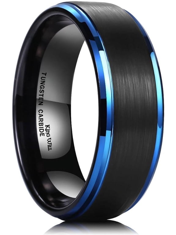 Basic 8mm Black Tungsten Ring for Men Matte Brushed Finish Center Blue Polished Step Edge Comfort Fit Size 10