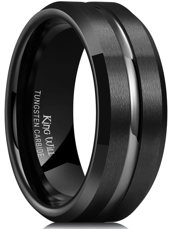 Classic 8mm Black Tungsten Carbide Wedding Band Ring for Men with Grooved Center Matte Brushed Finish Beveled Edge Comfort Fit Size 10