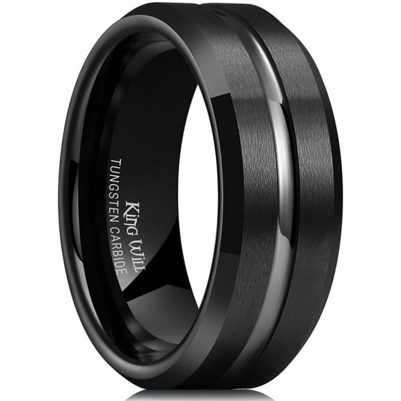 King Will Classic 8mm Black Tungsten Carbide Wedding Band Ring for Men with Grooved Center Matte Brushed Finish Beveled Edge Comfort Fit Size 9.5