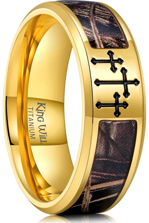 Cross Ring for Men Gold Plated Titanium Wedding Band Brown Camouflage Inlay Wedding Ring 8mm Width Faith Collection Comfort Fit Size 9