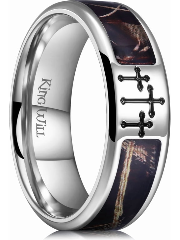 Cross Ring for Men Silver Titanium Wedding Band Brown Camouflage Inlay Ring 8mm Width Faith Collection Comfort Fit Size 10