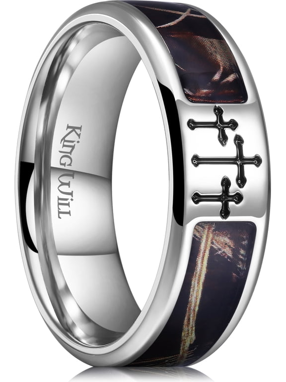 Cross Ring for Men Silver Titanium Wedding Band Brown Camouflage Inlay Ring 8mm Width Faith Collection Comfort Fit Size 11