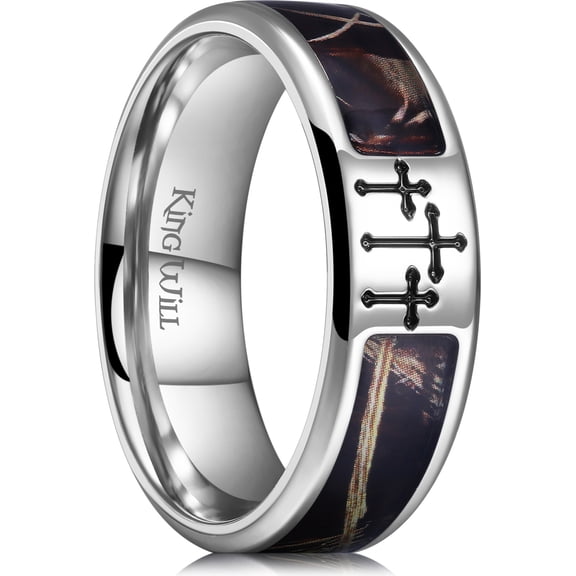 King Will Cross Ring for Men Silver Titanium Wedding Band Brown Camouflage Inlay Ring 8mm Width Faith Collection Comfort Fit Size 8