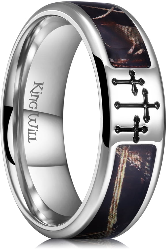 Cross Ring for Men Silver Titanium Wedding Band Brown Camouflage Inlay Ring 8mm Width Faith Collection Comfort Fit Size 8