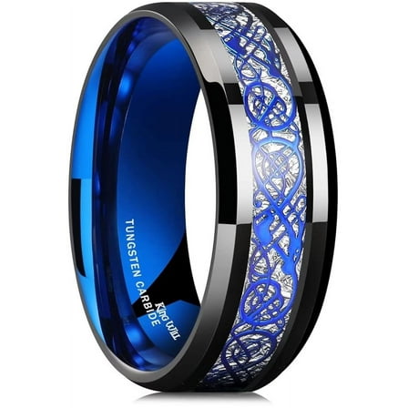 King Will DARGON 8mm Blue and Black Celtic Dragon Tungsten Carbide Mens Wedding Band Polished Finish Beveled Edge Comfort Fit Size 10