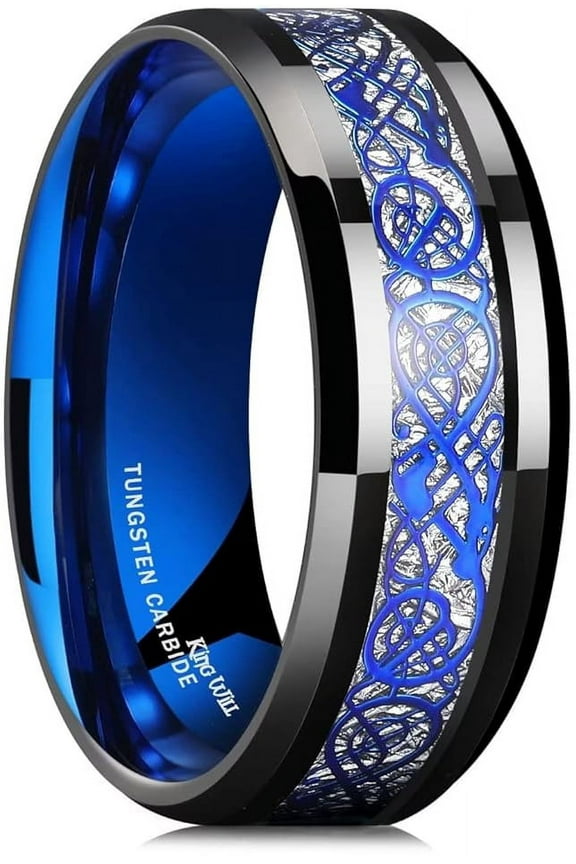 DARGON 8mm Blue and Black Celtic Dragon Tungsten Carbide Mens Wedding Band Polished Finish Beveled Edge Comfort Fit Size 10