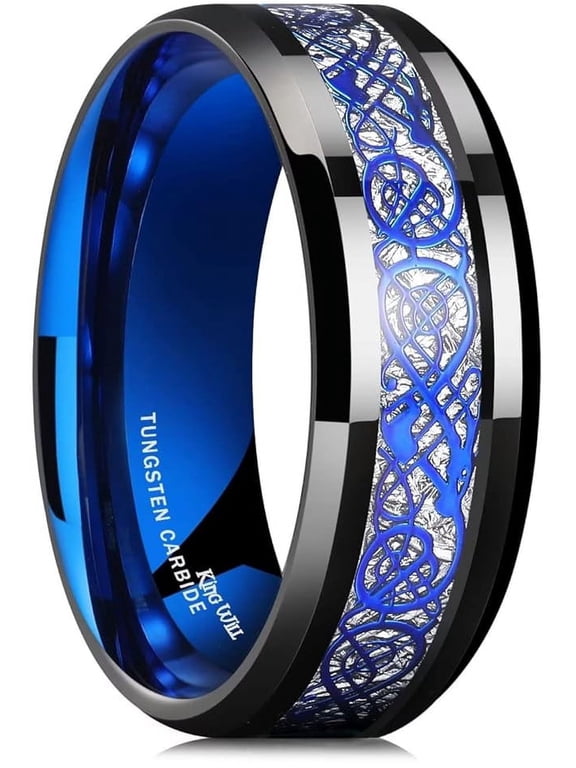 DARGON 8mm Blue and Black Celtic Dragon Tungsten Carbide Mens Wedding Band Polished Finish Beveled Edge Comfort Fit Size 12