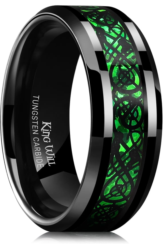 DARGON 8mm Green and Black Celtic Dragon Tungsten Carbide Ring Wedding Band for Men Women Polished Finish Beveled Edge Comfort Fit Size 8