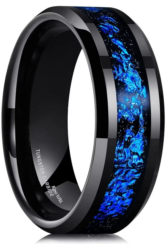GALAXY Mens 8mm Black Tungsten Carbide Wedding Ring with Blue Foils Inlay Beveled Edge Foils Tungsten Wedding Band Comfort Fit Size 11