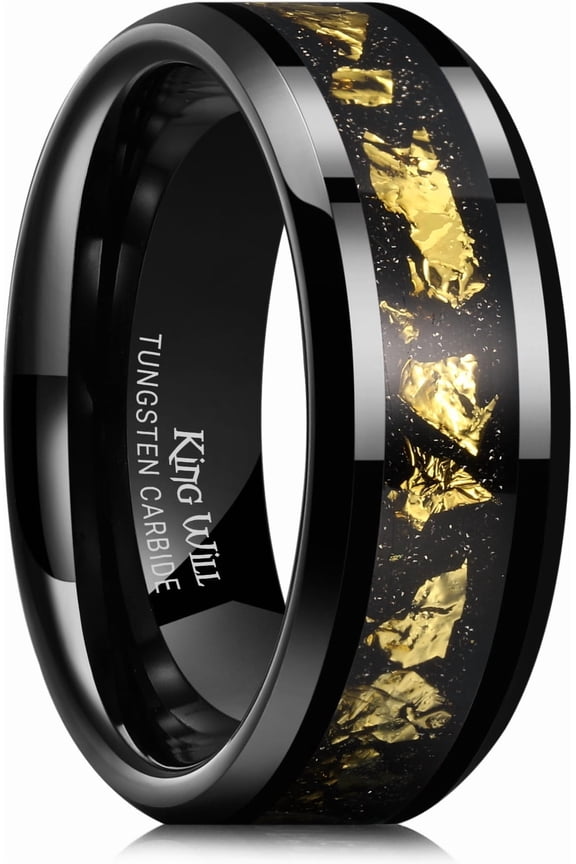 GALAXY Mens 8mm Black Tungsten Carbide Wedding Ring with Gold Foils Inlay Beveled Edge Foils Tungsten Wedding Band Comfort Fit Size 10