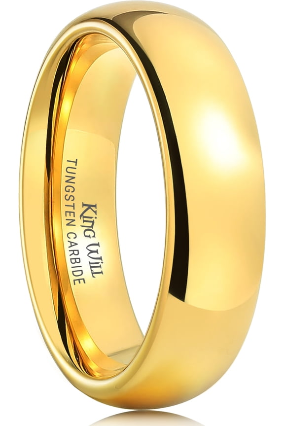 GLORY 6mm Gold Plated High Polished Comfort Fit Domed Tungsten Ring Wedding Band Comfort Fit Size 9.5