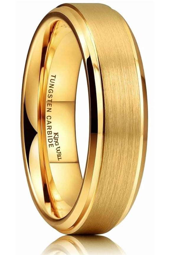 GLORY 6mm Wedding Rings for Men, Tungsten Carbide Wedding Band Gold Matte Brushed Finish Center Polished Step Edge, Comfort Fit Size 10