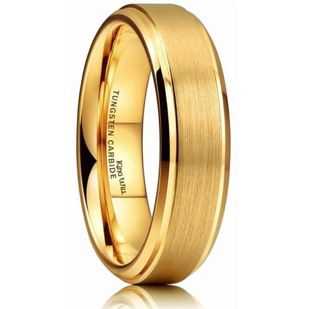 King Will GLORY 6mm Wedding Rings for Men, Tungsten Carbide Wedding Band Gold Plated Matte Brushed Finish Center Polished Step Edge, Comfort Fit Size 11