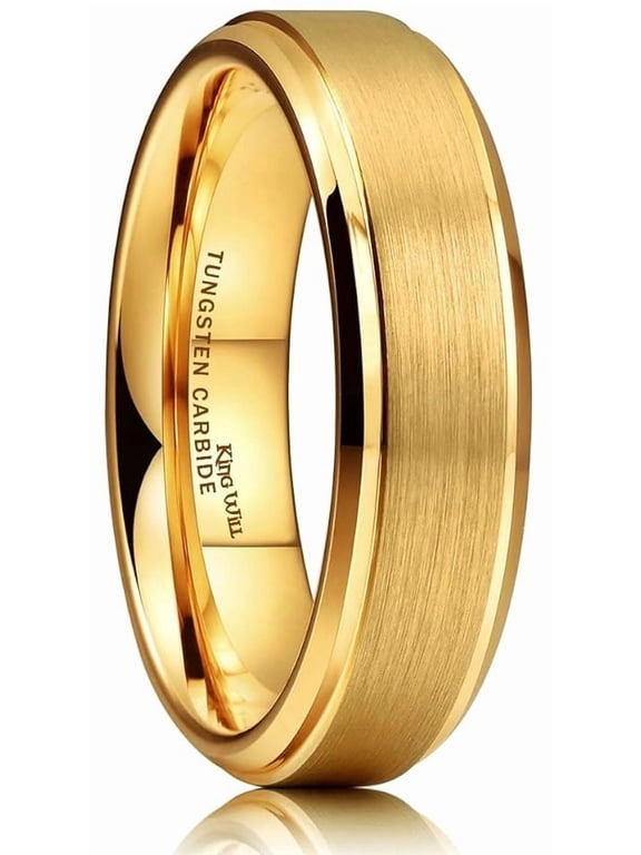 GLORY 6mm Wedding Rings for Men, Tungsten Carbide Wedding Band Gold Plated Matte Brushed Finish Center Polished Step Edge, Comfort Fit Size 8