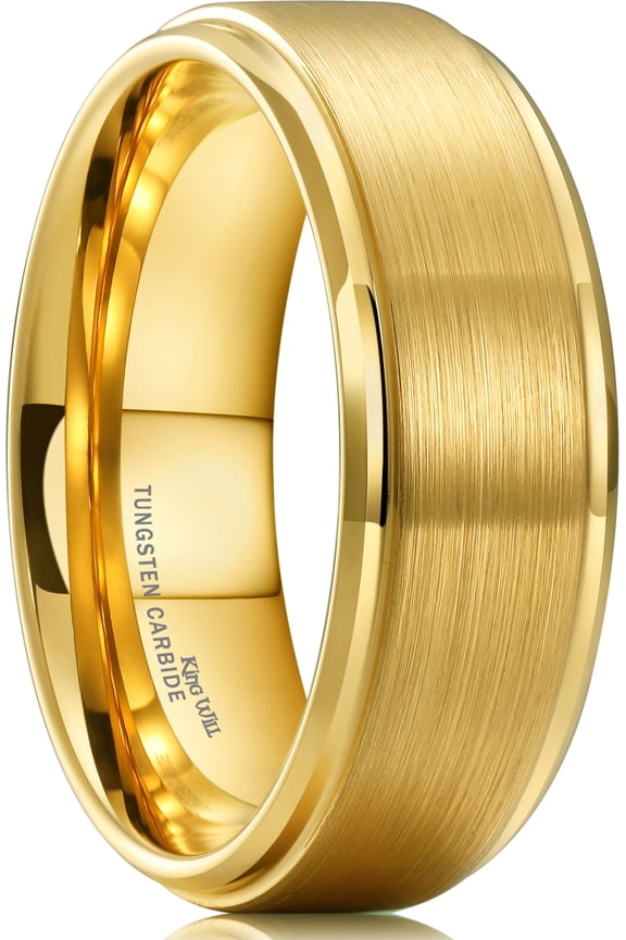 GLORY Men's Gold Tungsten Carbide Ring 8mm Polished Step Edge Matte Brushed Finish Center Wedding Band Comfort Fit Size 11